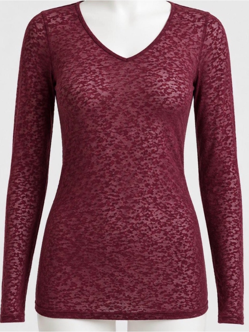 Kavio Long Sleeve V-Neck Burnout Top - Burgundy